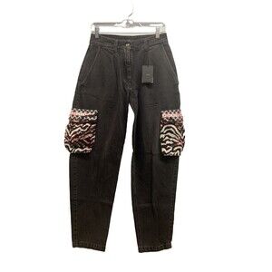 NWT Alanui Crochet Pockets Black Cargo Denim Gray Wash Jeans Size 26 x 30